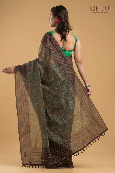 Handloom Silk Kantha Stitch Border Saree