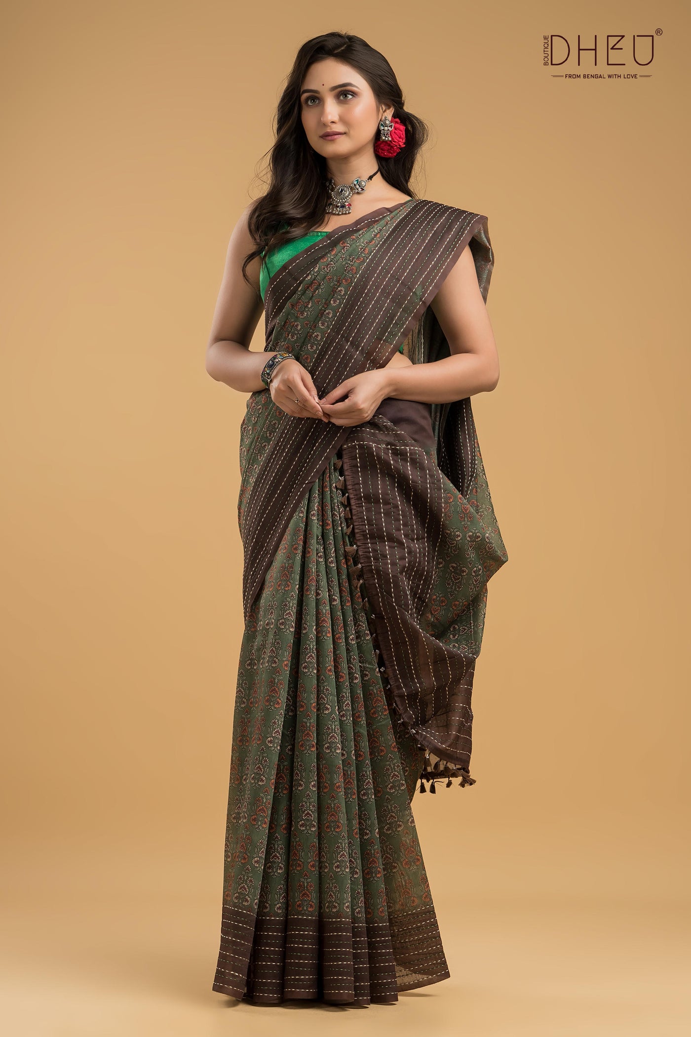 Handloom Silk Kantha Stitch Border Saree