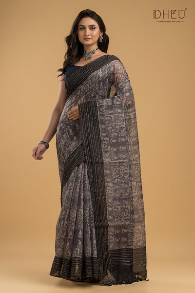 Handloom Silk Kantha Stitch Border Saree