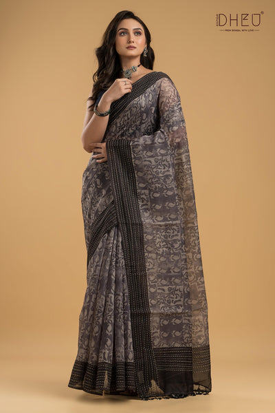 Handloom Silk Kantha Stitch Border Saree