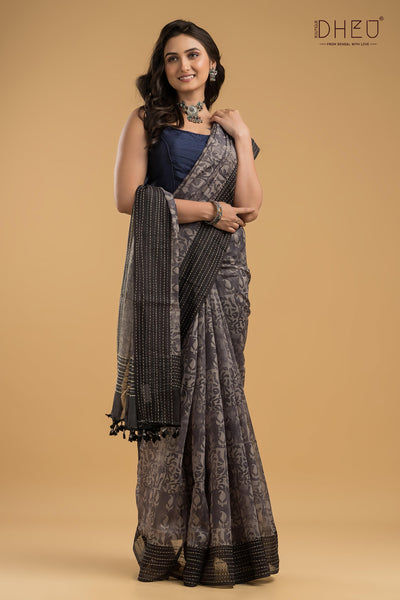 Handloom Silk Kantha Stitch Border Saree