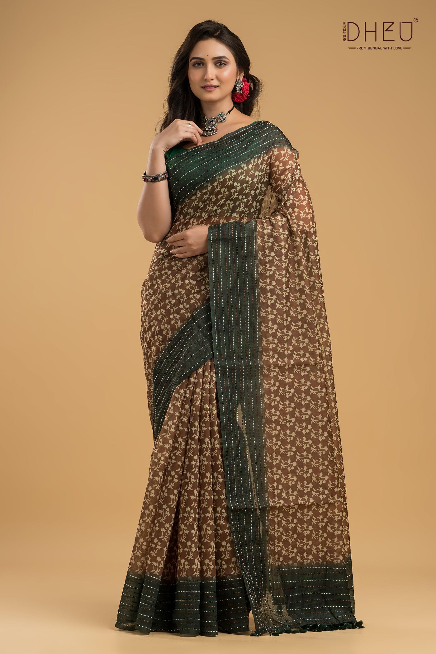 Handloom Silk Kantha Stitch Border Saree