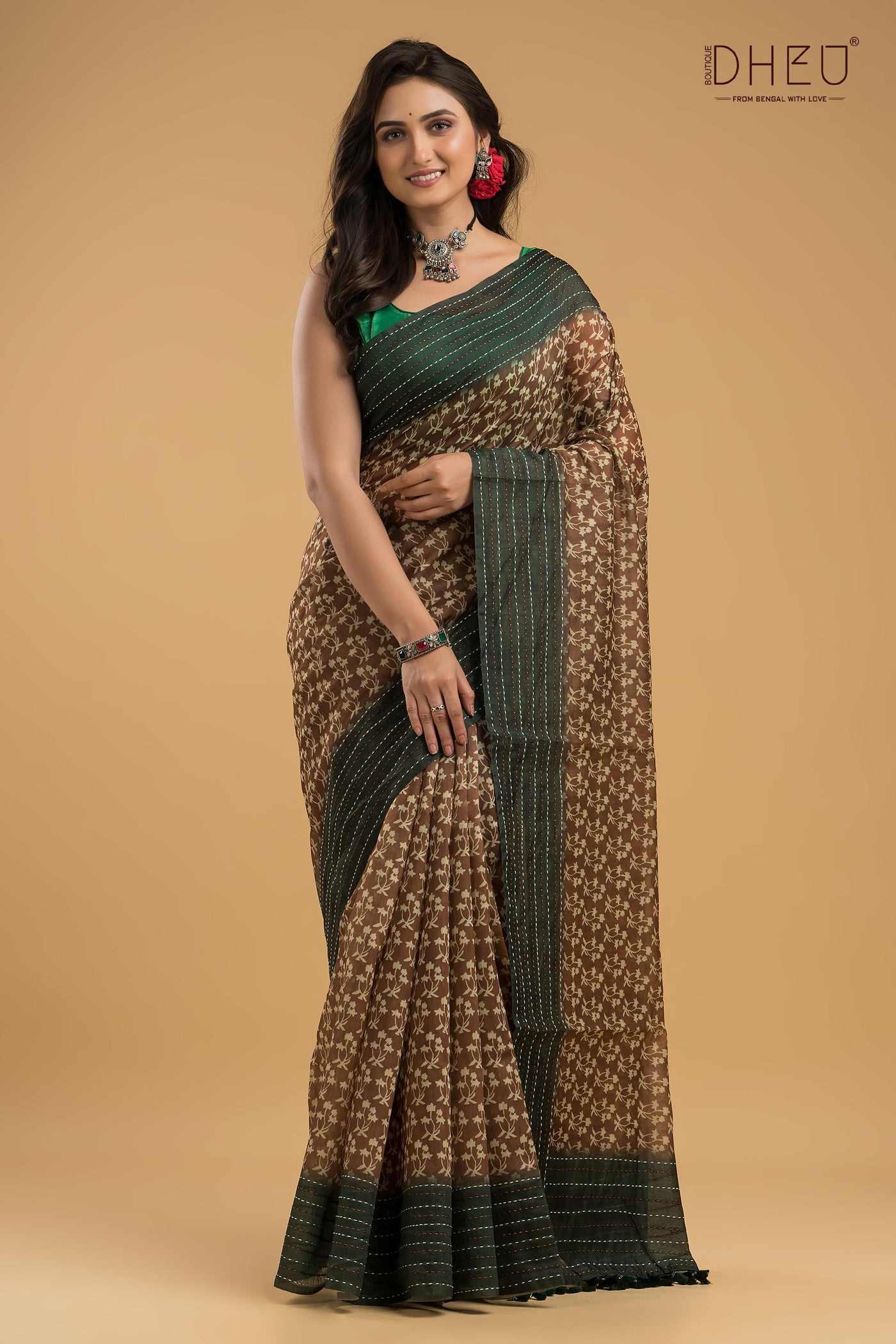 Handloom Silk Kantha Stitch Border Saree