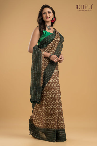 Handloom Silk Kantha Stitch Border Saree