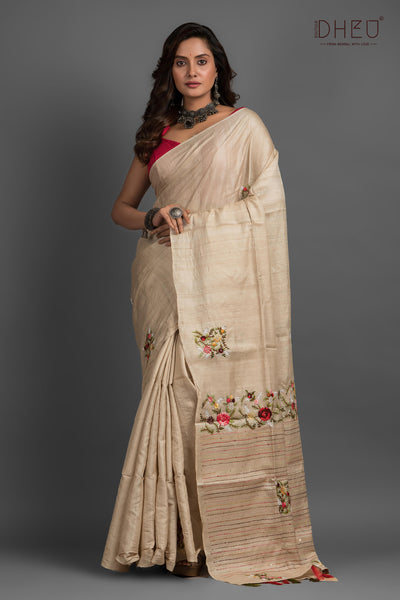 Pure Tussar Silk Embroidery Saree (Silk Mark Certified)