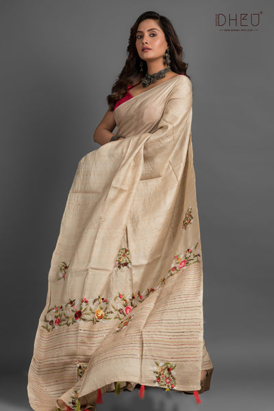 Pure Tussar Silk Embroidery Saree (Silk Mark Certified)