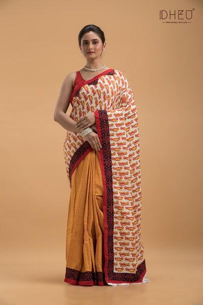 Ajrakh Printed Pure Cotton Saree