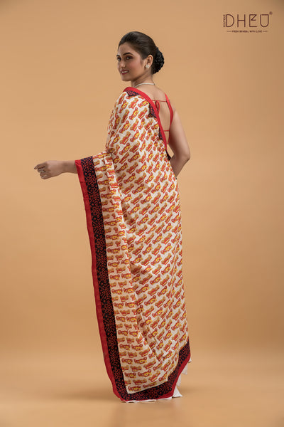 Ajrakh Printed Pure Cotton Saree