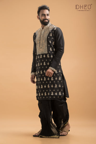 Exclusive Embroidered Katan Silk Kurta & Dhoti(Optional) Set