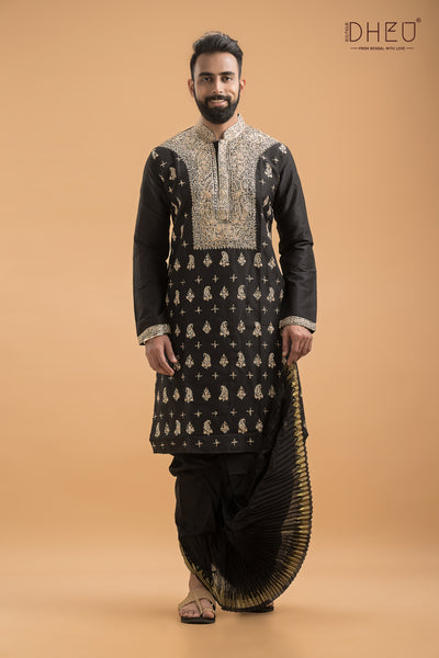 Exclusive Embroidered Katan Silk Kurta & Dhoti(Optional) Set