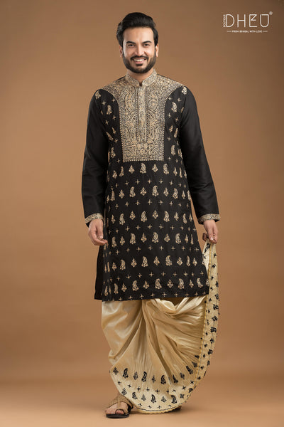 Embroidered Katan Silk Kurta & Dhoti Set