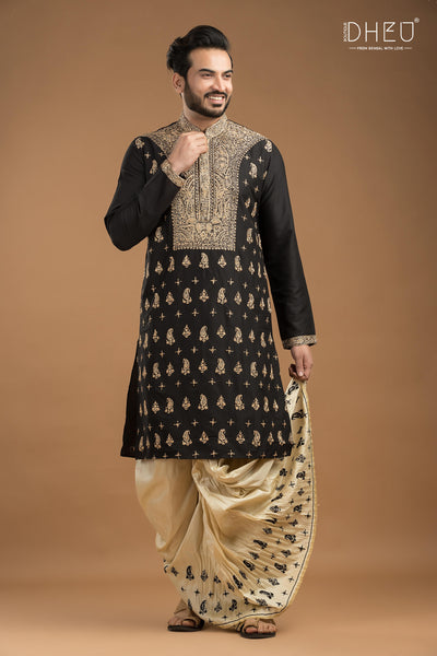 Embroidered Katan Silk Kurta & Dhoti Set