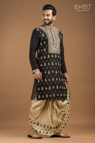 Embroidered Katan Silk Kurta & Dhoti Set