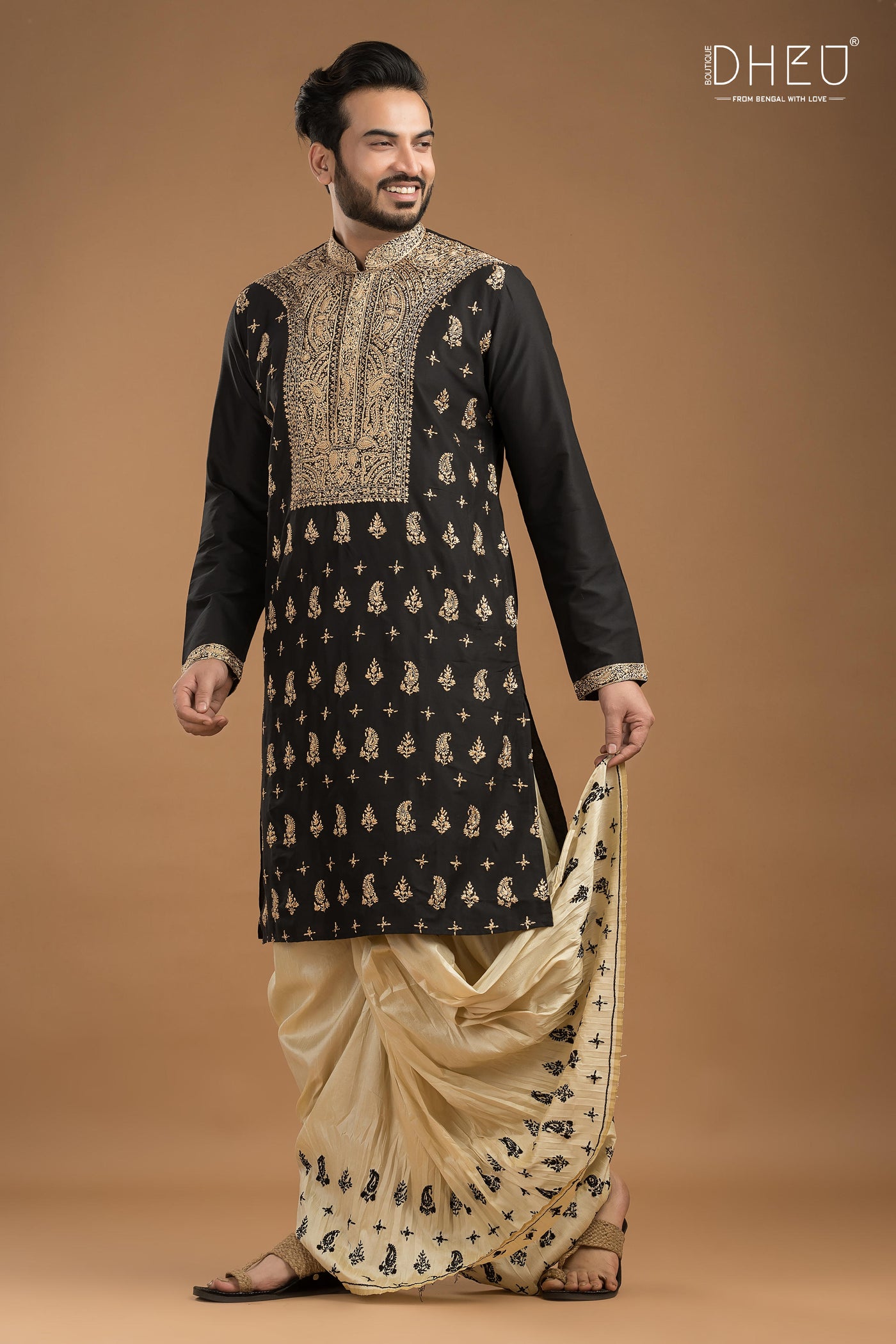 Embroidered Katan Silk Kurta & Dhoti Set