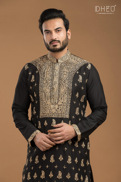 Embroidered Katan Silk Kurta & Dhoti Set