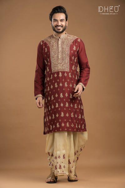 Embroidered Katan Silk Kurta & Dhoti Set