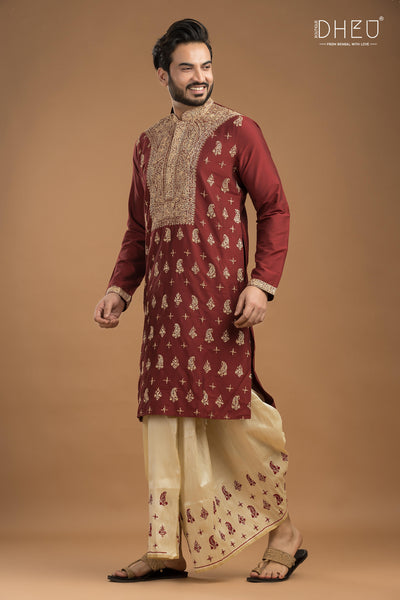 Embroidered Katan Silk Kurta & Dhoti Set