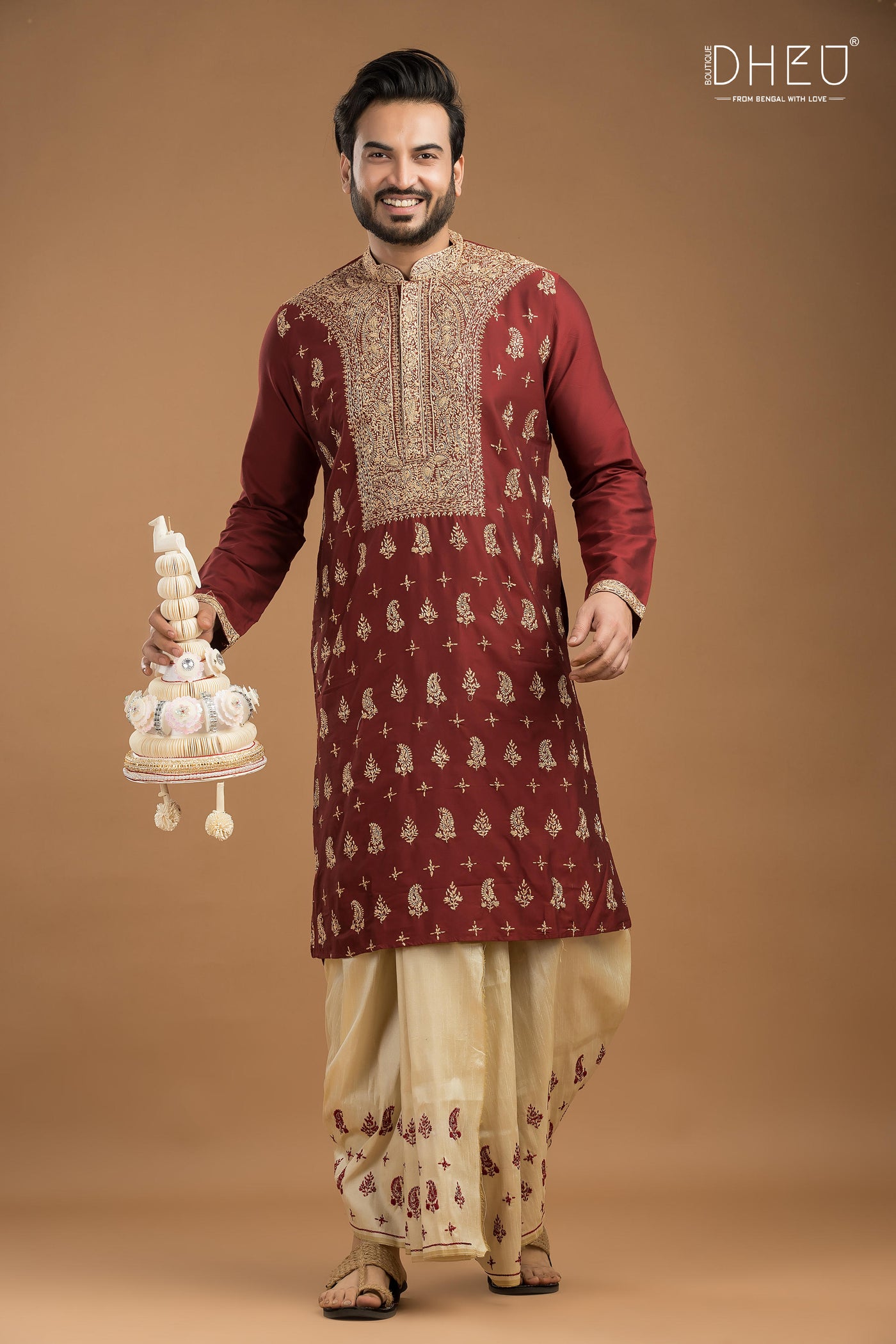 Embroidered Katan Silk Kurta & Dhoti Set