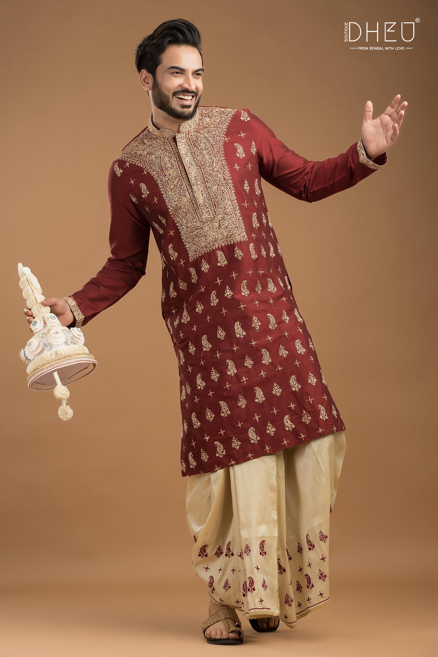 Embroidered Katan Silk Kurta & Dhoti Set