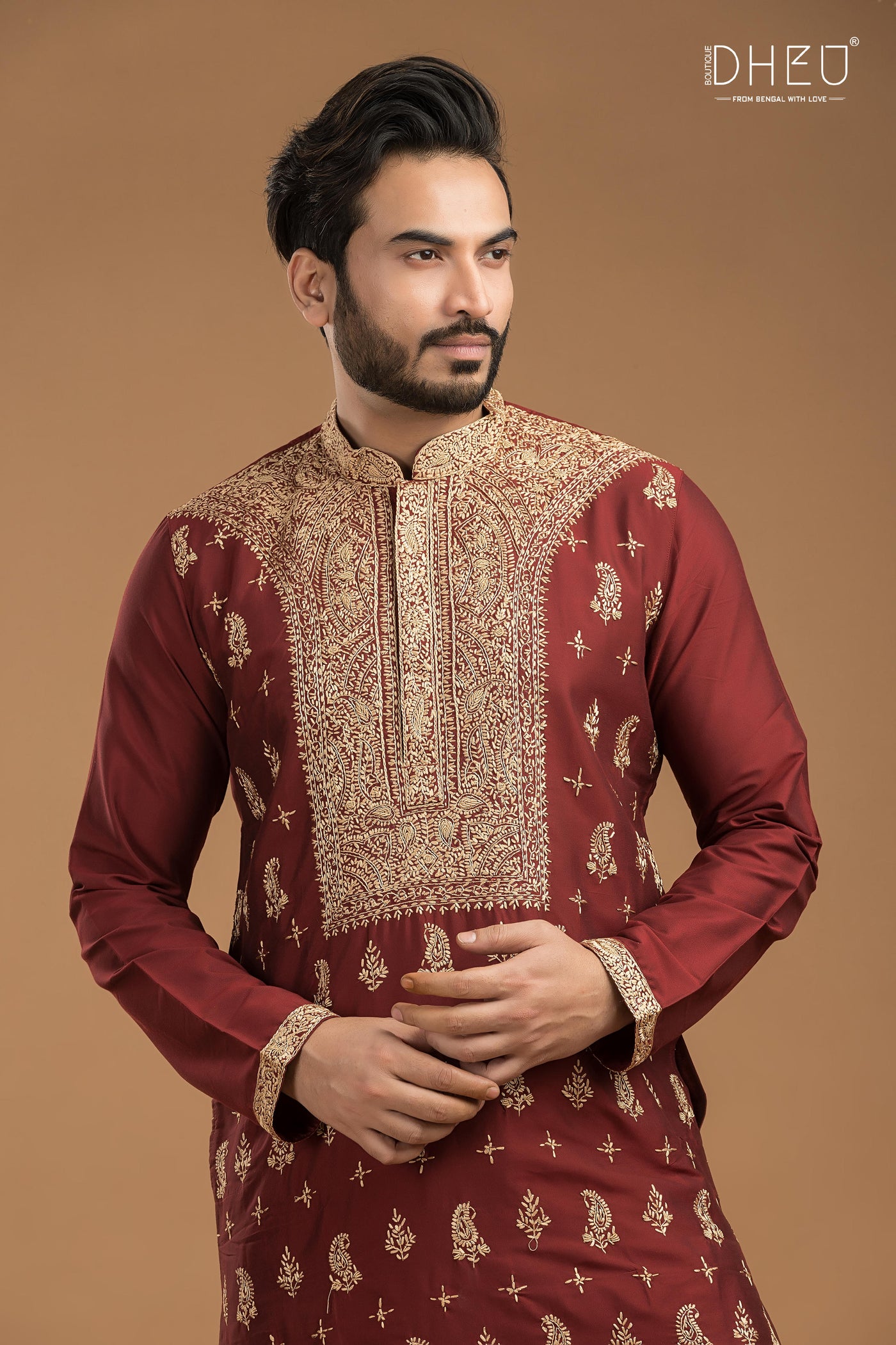 Embroidered Katan Silk Kurta & Dhoti Set