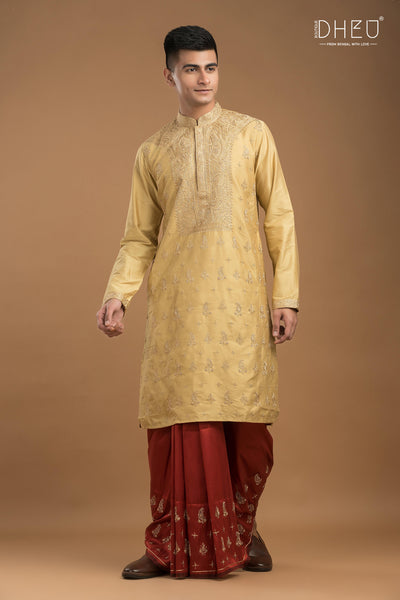 Embroidered Katan Silk Kurta & Dhoti Set