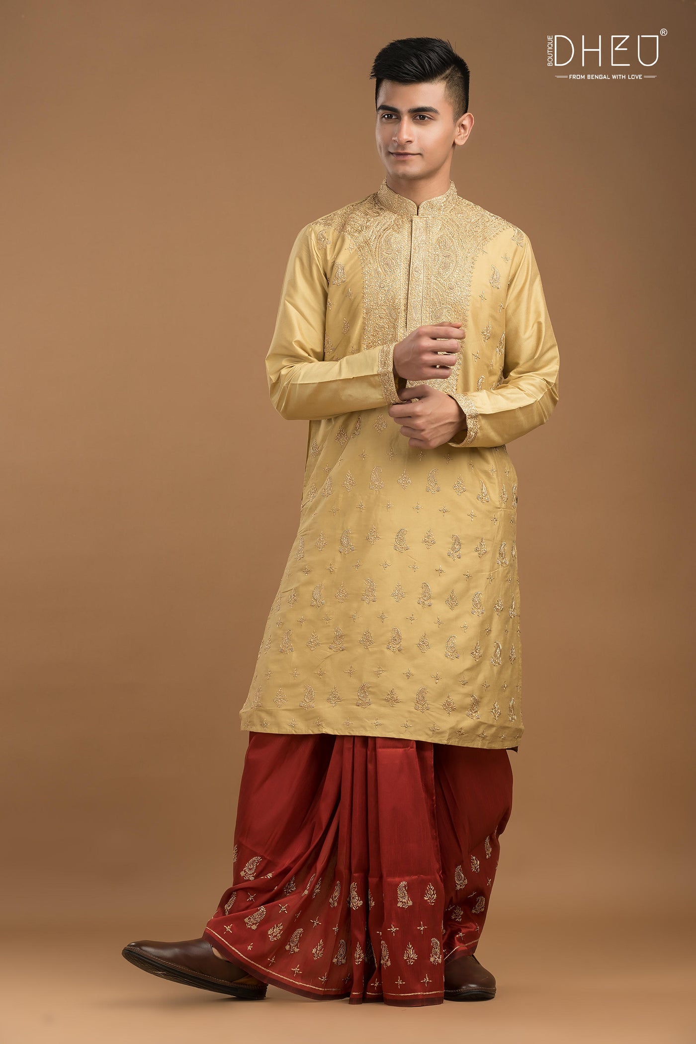 Embroidered Katan Silk Kurta & Dhoti Set