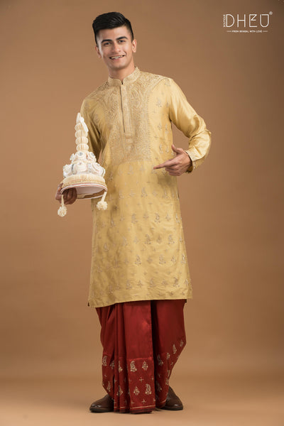 Embroidered Katan Silk Kurta & Dhoti Set