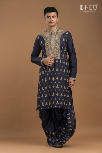 Embroidered Katan Silk Kurta & Dhoti Set