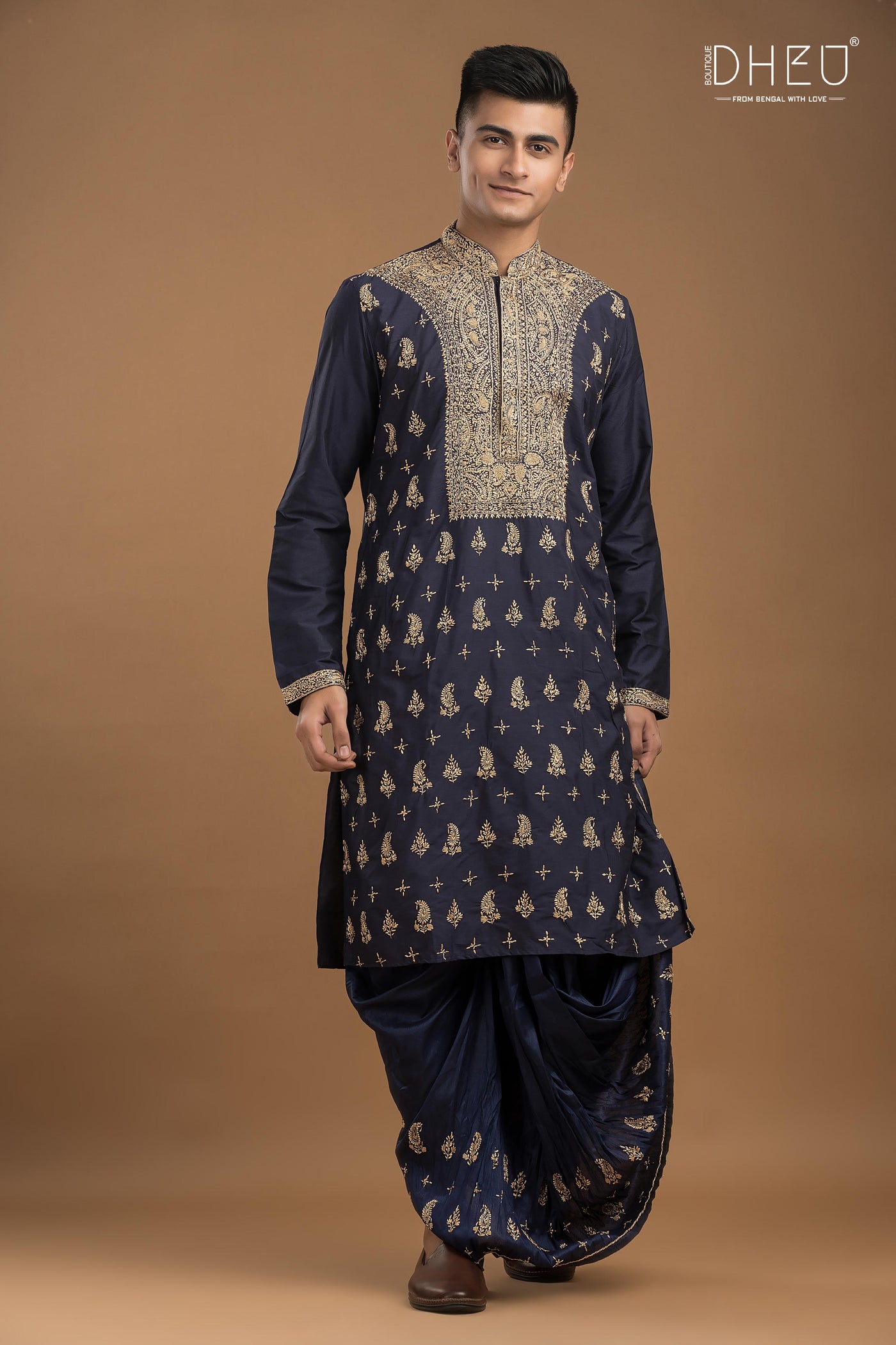 Embroidered Katan Silk Kurta & Dhoti Set