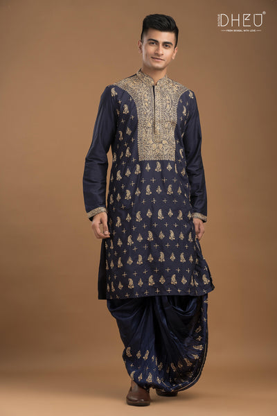 Embroidered Katan Silk Kurta & Dhoti Set