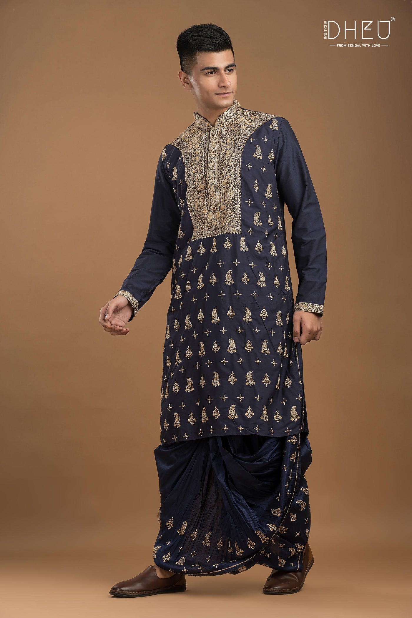 Embroidered Katan Silk Kurta & Dhoti Set