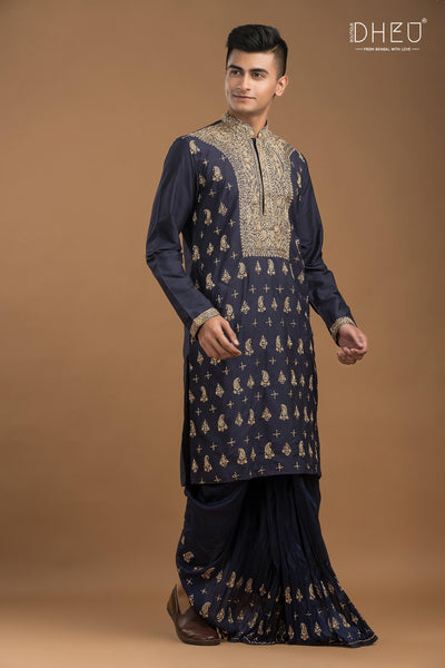 Embroidered Katan Silk Kurta & Dhoti Set