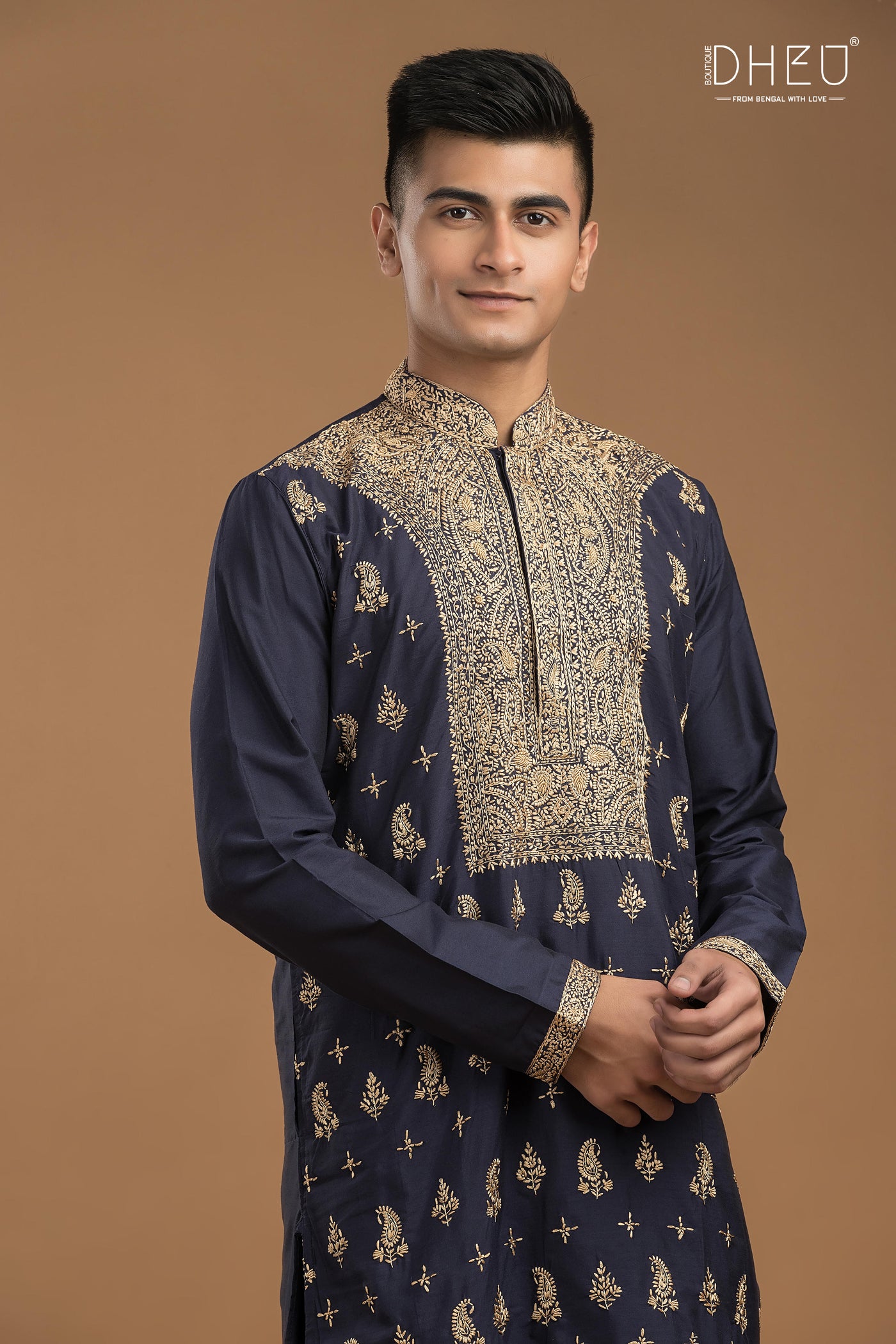 Embroidered Katan Silk Kurta & Dhoti Set