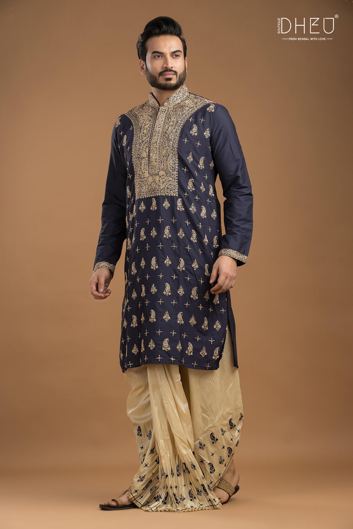 Embroidered Katan Silk Kurta & Dhoti Set