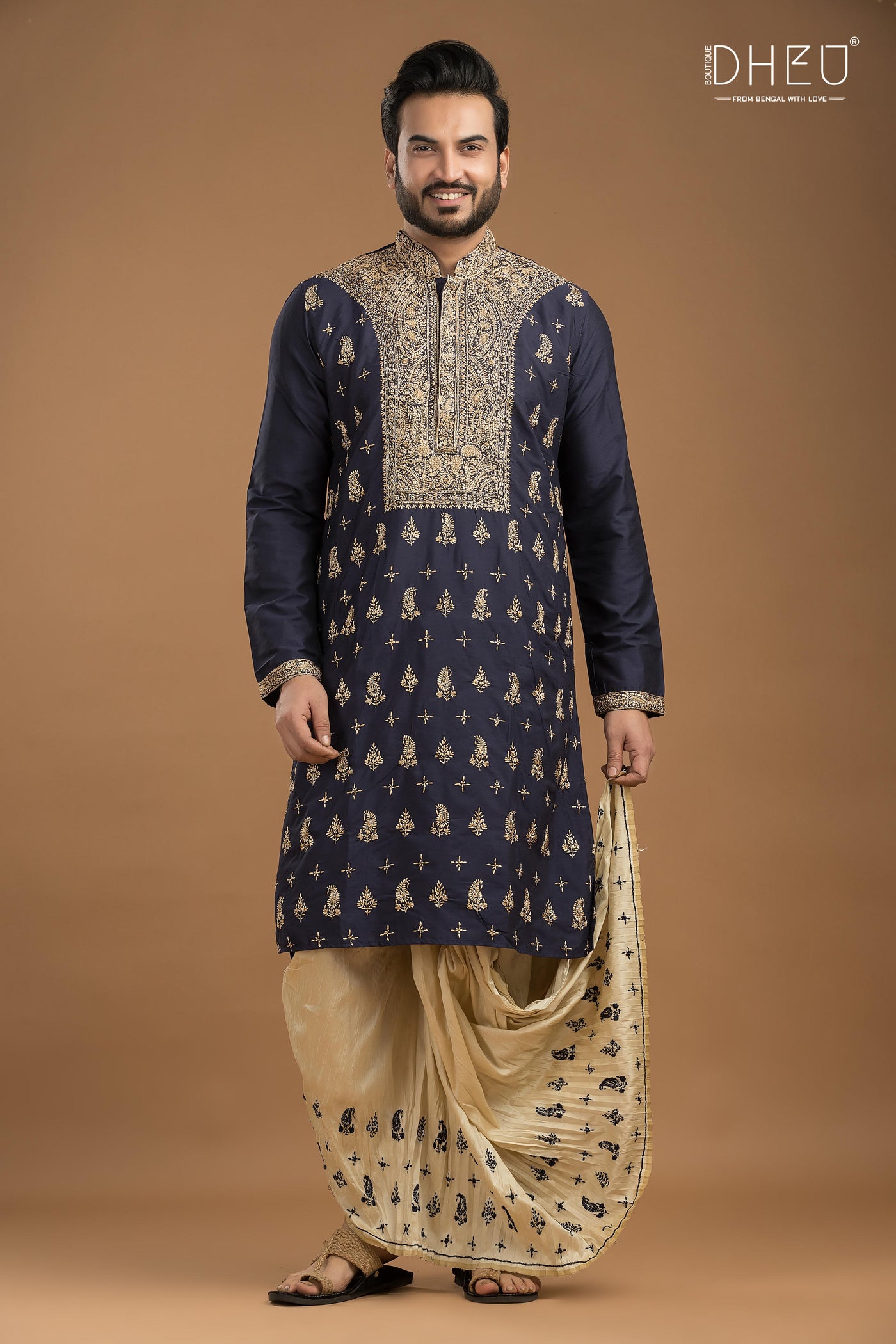 Embroidered Katan Silk Kurta & Dhoti Set