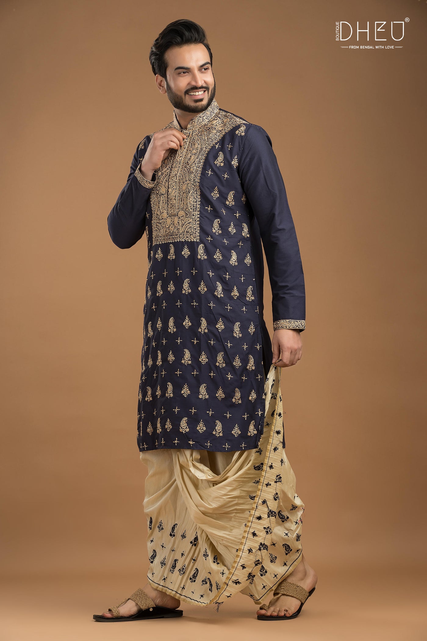 Embroidered Katan Silk Kurta & Dhoti Set