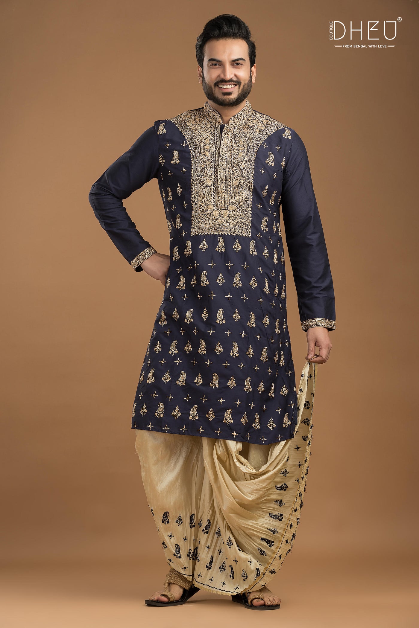 Embroidered Katan Silk Kurta & Dhoti Set