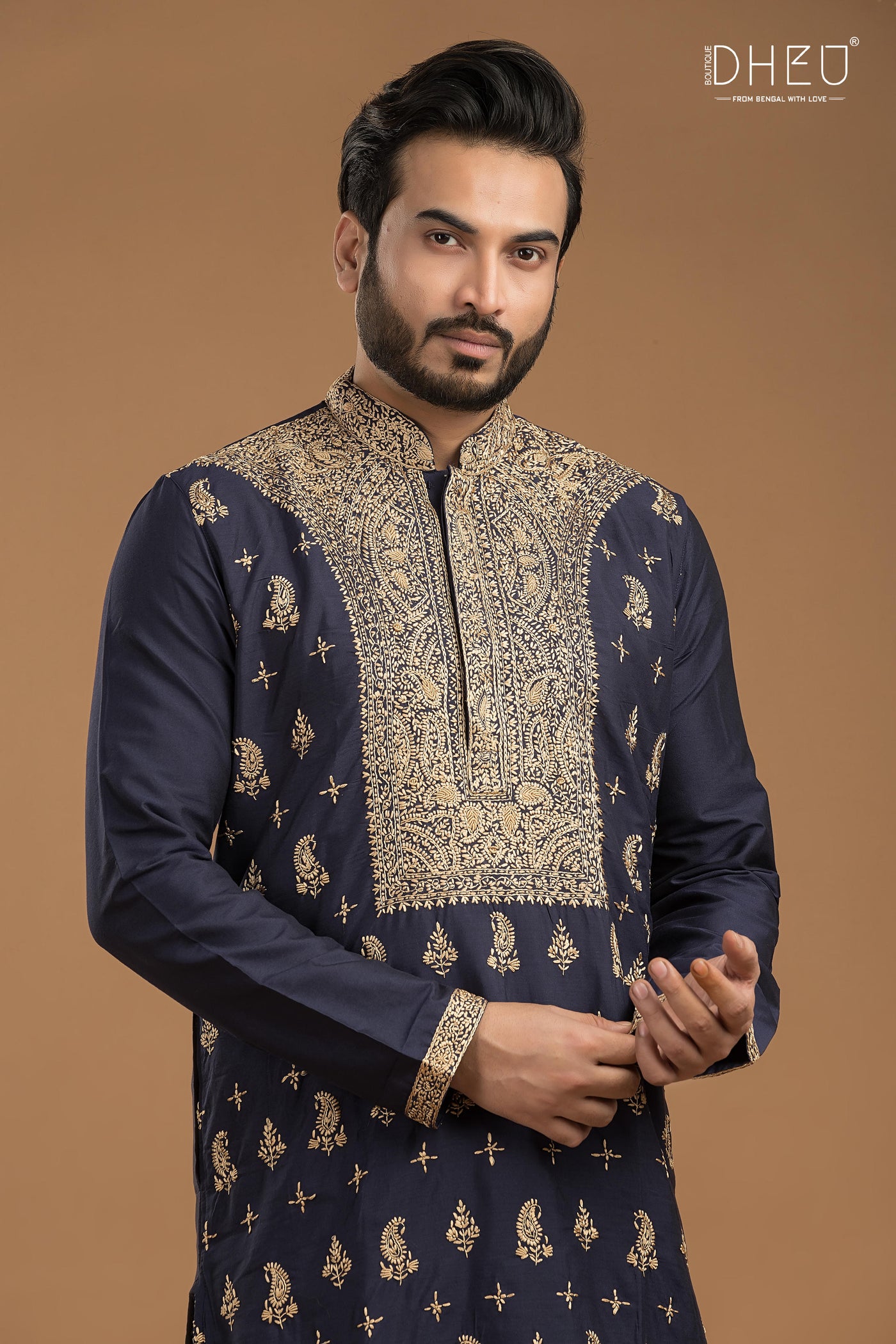 Embroidered Katan Silk Kurta & Dhoti Set