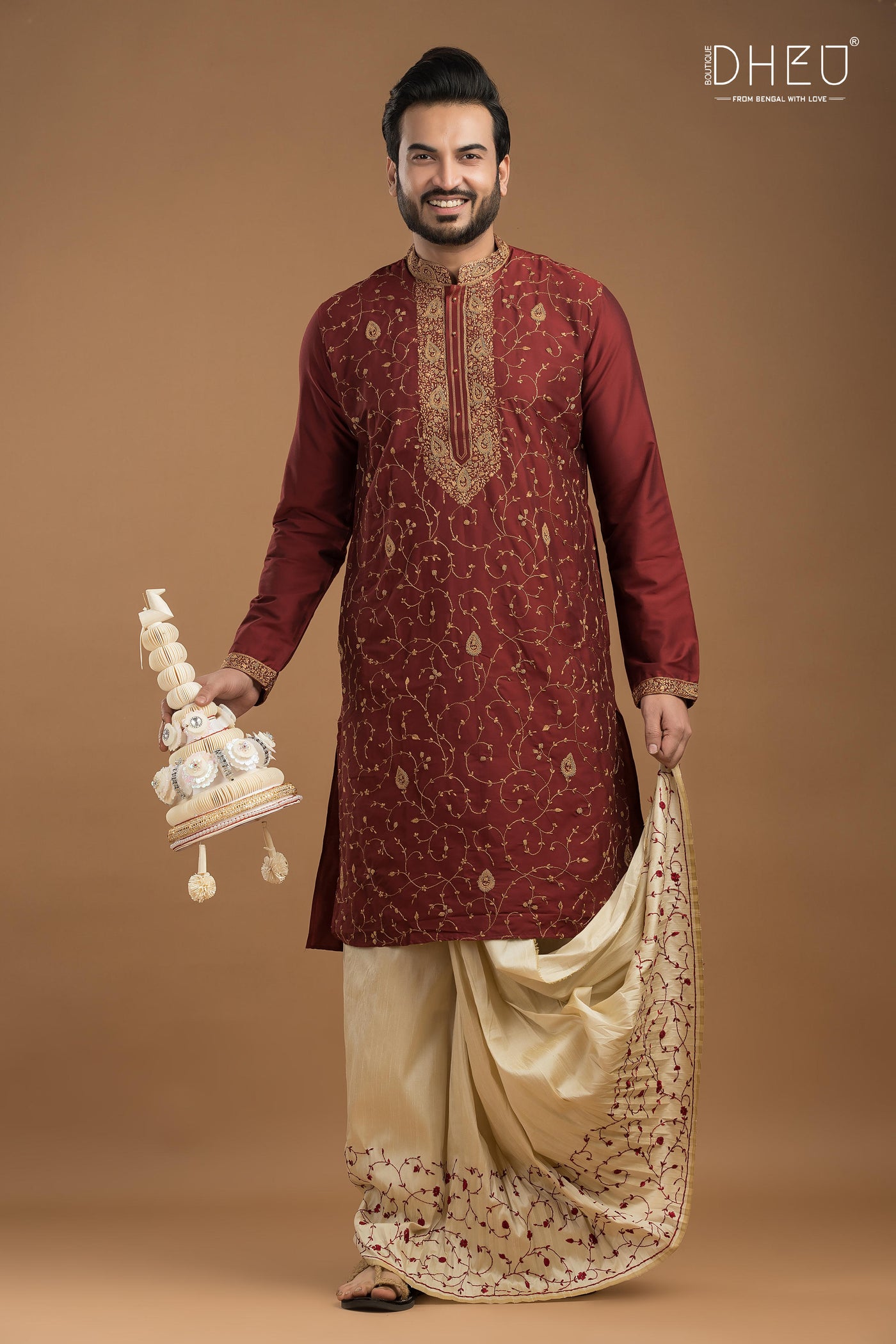 Embroidered Katan Silk Kurta & Dhoti Set