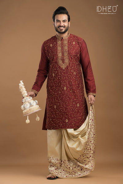 Embroidered Katan Silk Kurta & Dhoti Set