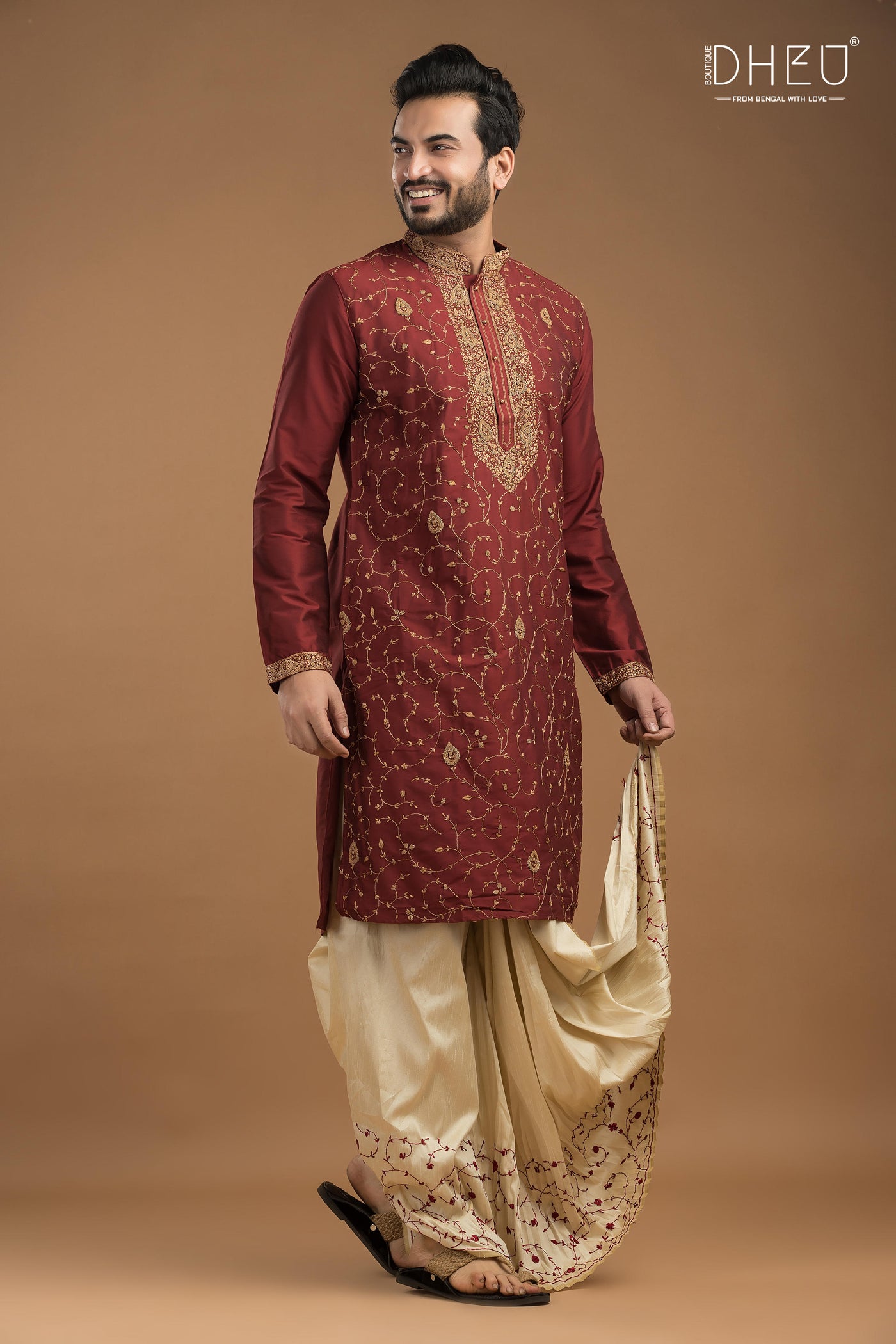 Embroidered Katan Silk Kurta & Dhoti Set