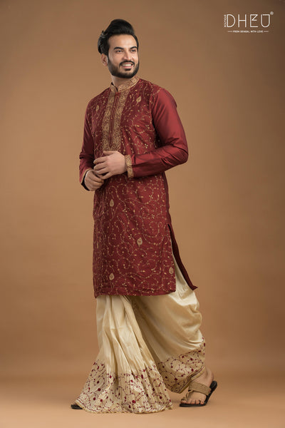 Embroidered Katan Silk Kurta & Dhoti Set