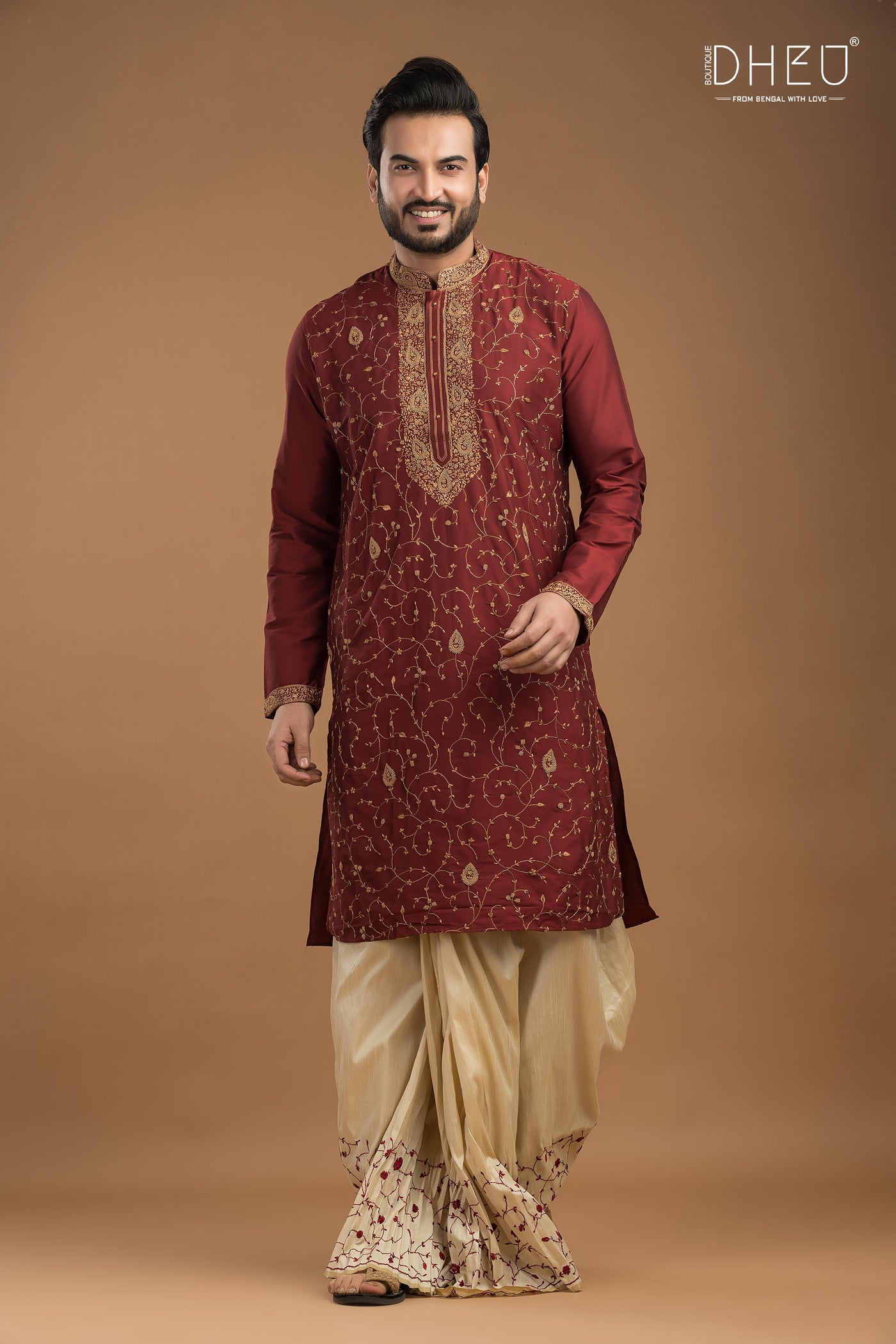 Embroidered Katan Silk Kurta & Dhoti Set