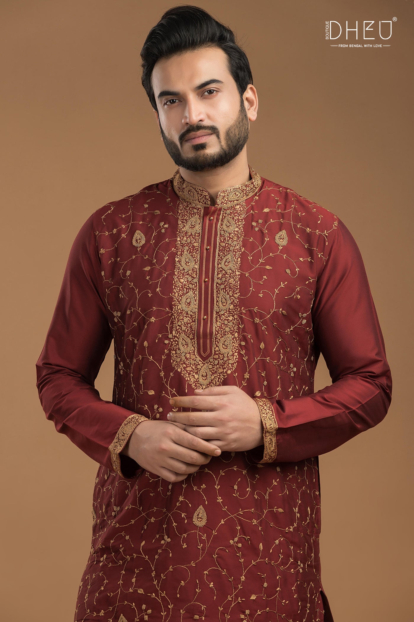 Embroidered Katan Silk Kurta & Dhoti Set