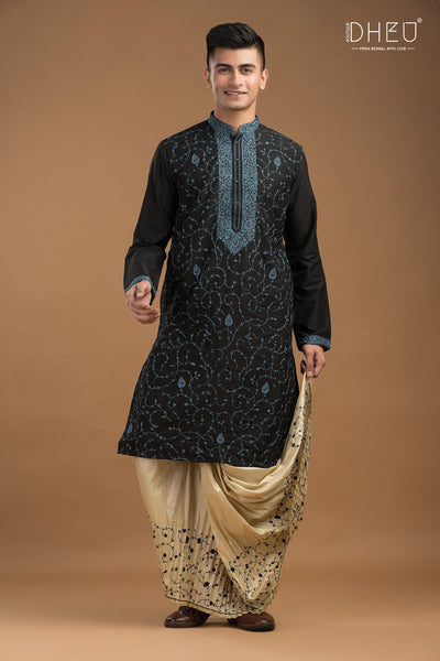 Embroidered Katan Silk Kurta & Dhoti Set