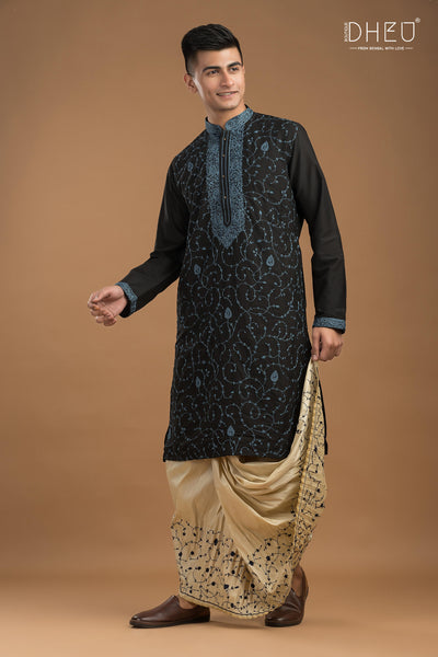 Embroidered Katan Silk Kurta & Dhoti Set