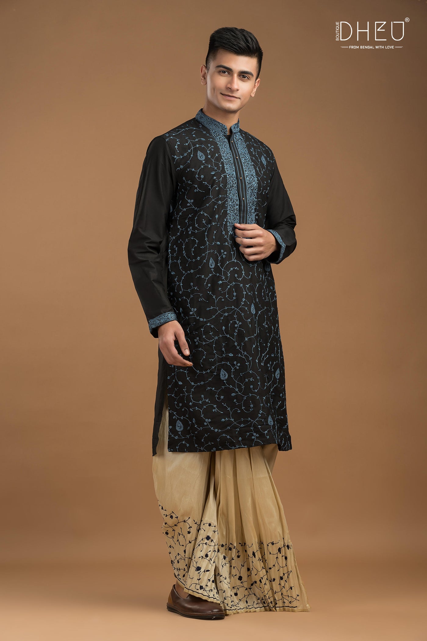 Embroidered Katan Silk Kurta & Dhoti Set