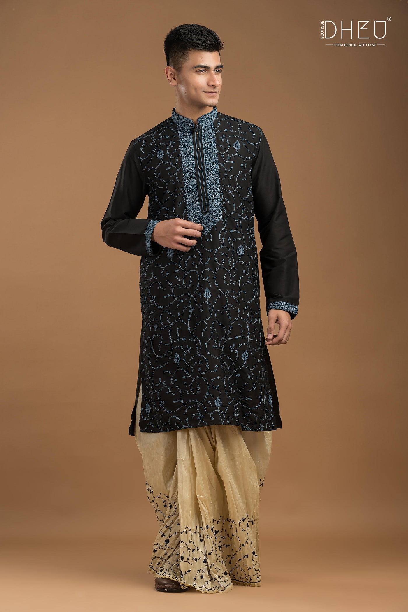 Embroidered Katan Silk Kurta & Dhoti Set