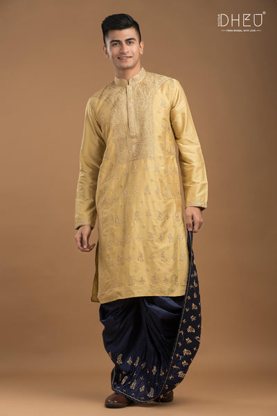 Embroidered Katan Silk Kurta & Dhoti Set