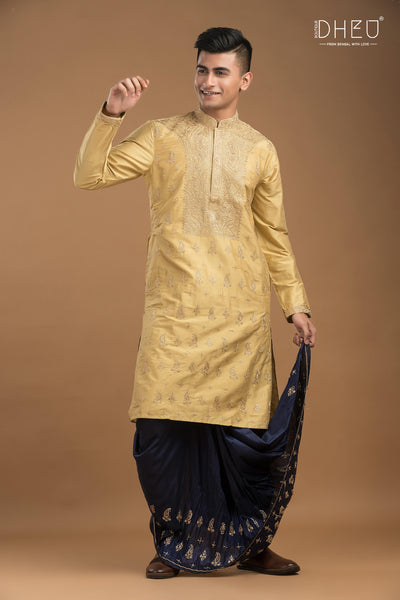 Embroidered Katan Silk Kurta & Dhoti Set